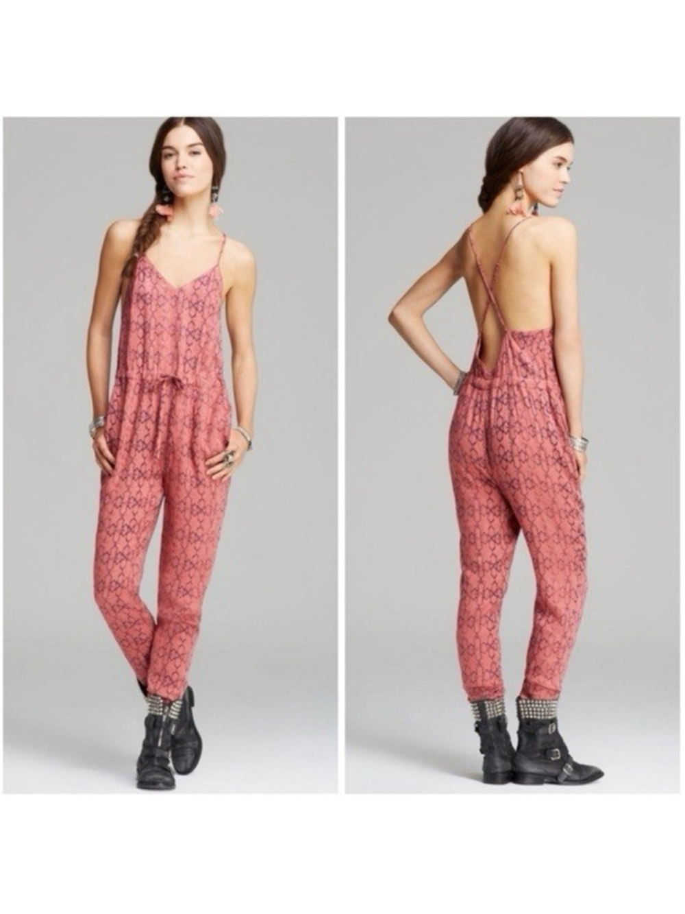 Free People Sunset Romper Tomato Combo Pink Printed Cami Jumpsuit Women's Medium